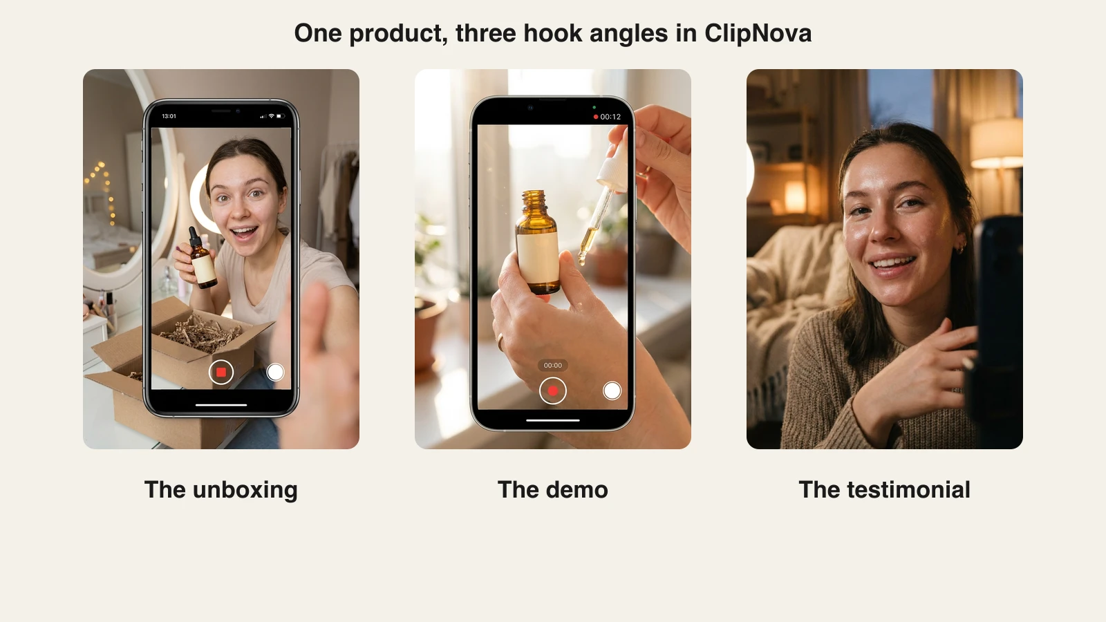 Three AI-generated TikTok Shop video frames of the same serum, an unboxing, an application demo, and a testimonial to camera
