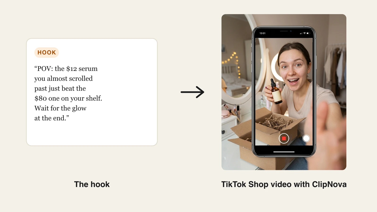 A hook script card next to the vertical TikTok Shop unboxing video frame ClipNova generated from it, an AI creator lifting a serum bottle out of a delivery box
