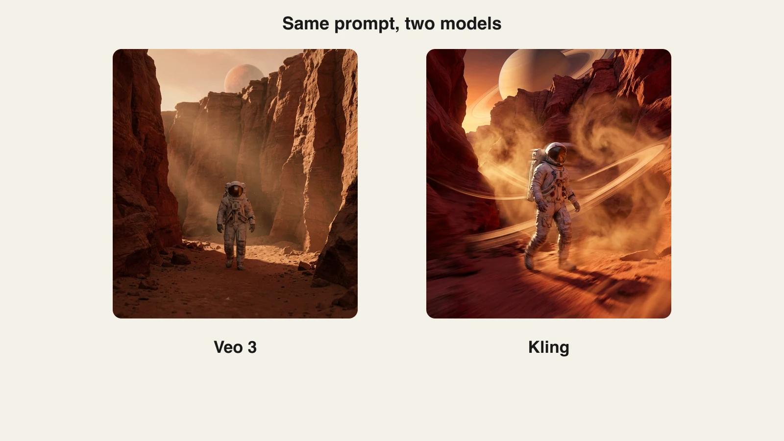 The same astronaut prompt rendered twice, a photoreal cinematic Veo 3 style frame next to a vivid high-energy Kling style frame